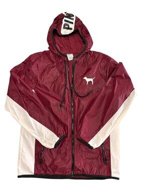 Victoria's Secret PINK Full Zip Hooded Maroon Windbreaker Rain Jacket Size XS-S